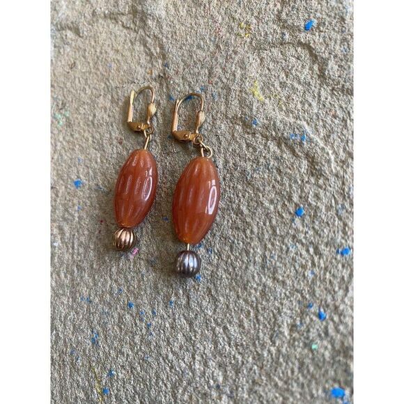 Vintage Earrings Dangle Copper Glass Orange Stone 1.75 Inches Beaded - Picture 2 of 4